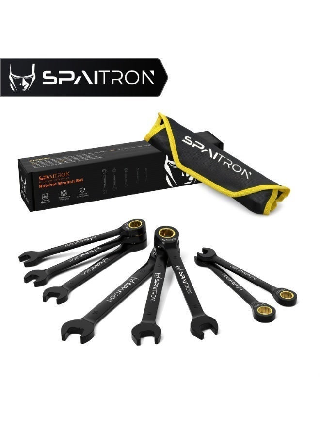 SPAITRON 8pcs Professional Ratcheting Wrench Set, Metric (8-19mm), 72-Teeth CR-V Steel with Black Electrophoretic Anti-Rust Finish, Heavy Duty Mechanic Tool Kit with Yellow-Edged Storage Bag - Image 1