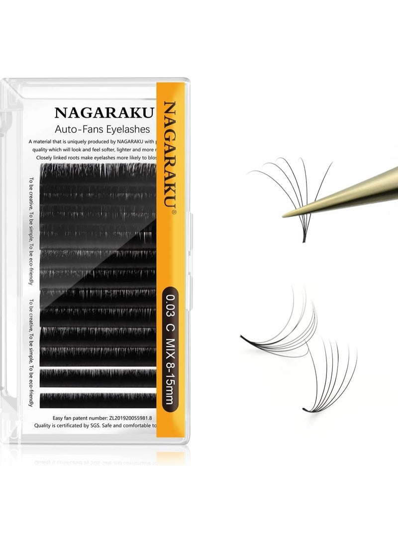 NAGARAKU Easy Fan Lashes 2D~20D Self-Fan Automatic Bloom Bouquet Eyelash Extension Russian Natural Volume Technique Touffe Lashes Easy Unfold Easy Fanning Eyelash Black (0.03C 8-15mm) - Image 1