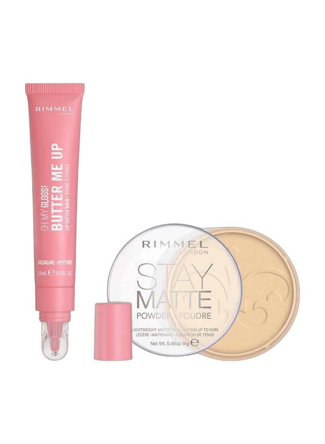 RIMMEL LONDON Oh My Gloss Butter Me Up Lip Butter Balm - 002 - Bubble Gum, 15ml & Stay Matte Pressed Powder 14 g 01 TransparentBundle - Image 1