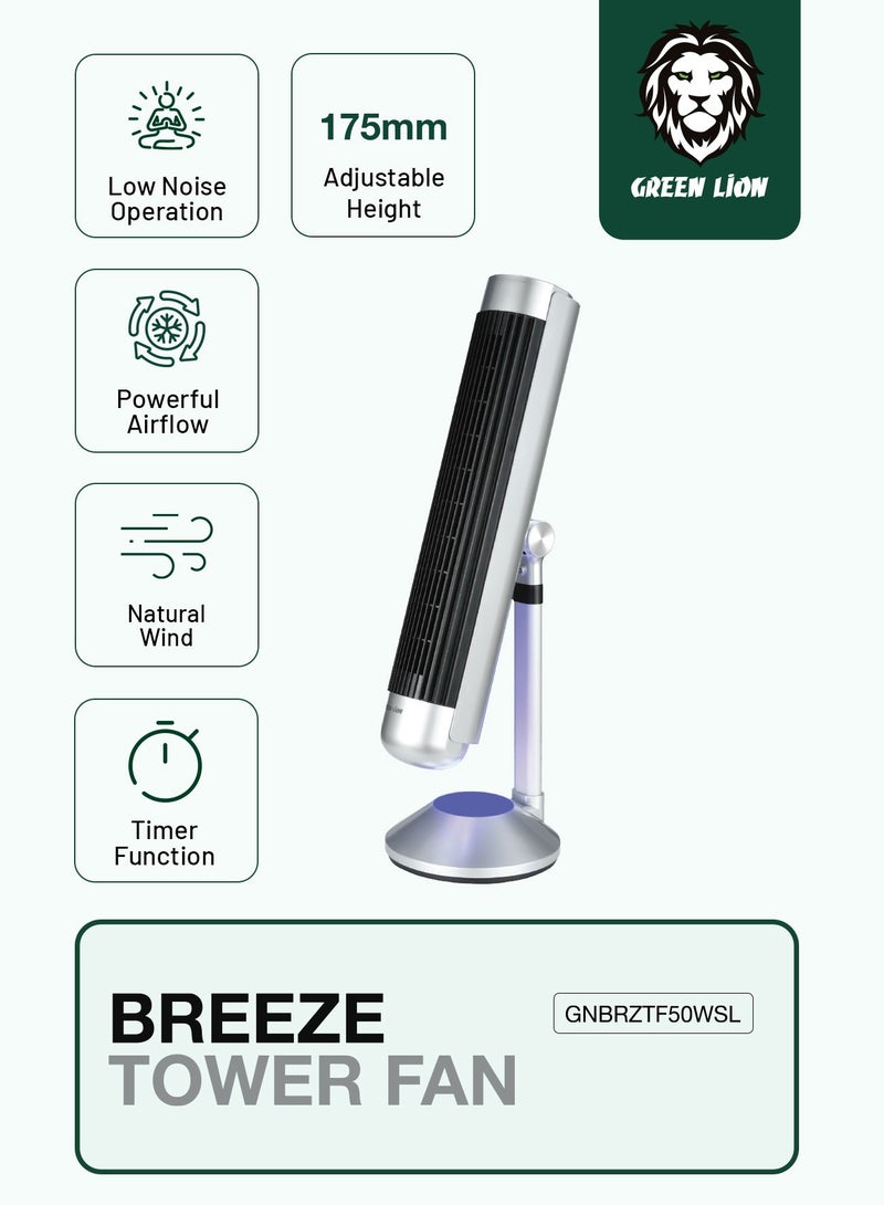 GREEN LION Breeze Tower Fan 50W with 5 Mode Light and 6 Speed Fan / 9H Timer / 175mm Adjustable Height / Strong ABS Material - Silver - Image 2