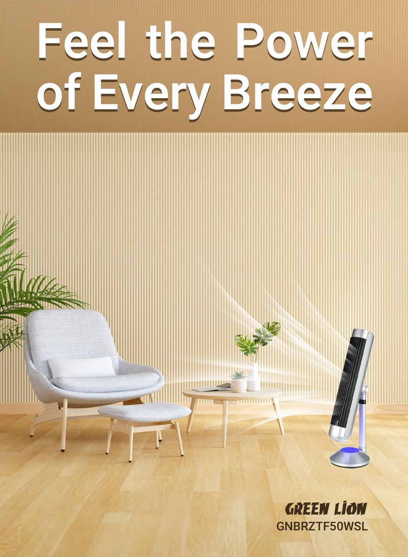GREEN LION Breeze Tower Fan 50W with 5 Mode Light and 6 Speed Fan / 9H Timer / 175mm Adjustable Height / Strong ABS Material - Silver - Image 5