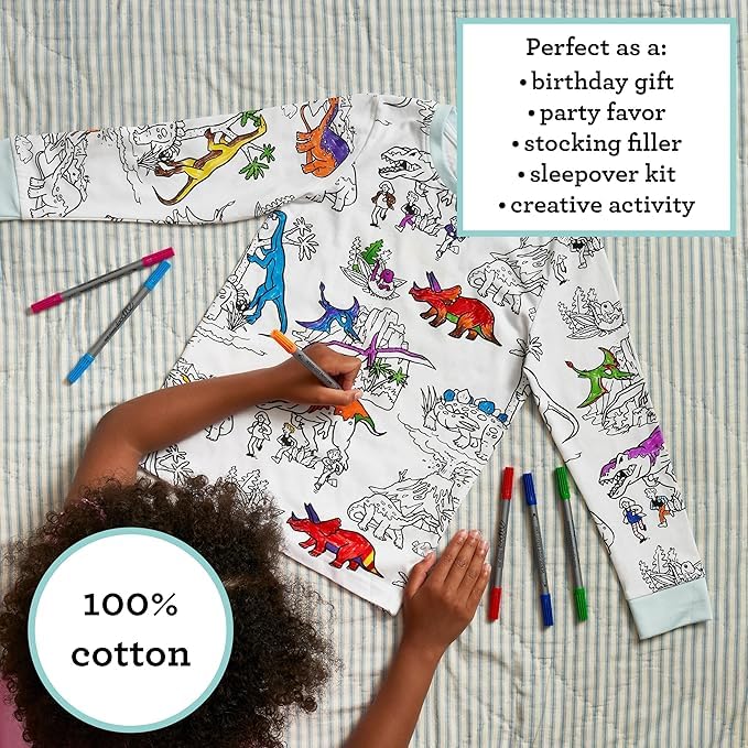 eatsleepdoodle Kids Coloring Pajama Set – DIY Wearable Art Dinosaur Pajamas for Boys, Includes Washable Markers, Fun Creative Sleepwear for Art & Playtime, Cotton, Reusable, Gift Idea for kids - Image 3