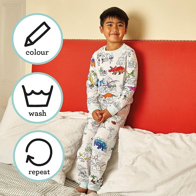 eatsleepdoodle Kids Coloring Pajama Set – DIY Wearable Art Dinosaur Pajamas for Boys, Includes Washable Markers, Fun Creative Sleepwear for Art & Playtime, Cotton, Reusable, Gift Idea for kids - Image 4