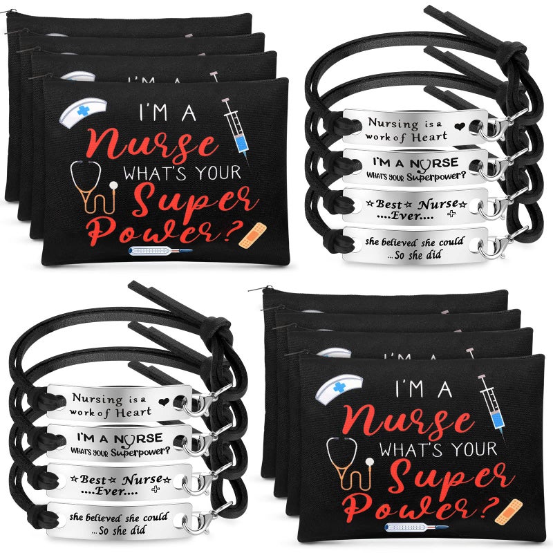 Henoyso Henoyso 16 Pcs Nurse Appreciation Gifts 2025 Set Including 8 Makeup Cosmetic Bag with 8 Bracelets Nurse Week Gifts for Women Graduation Nursing DayFresh Style