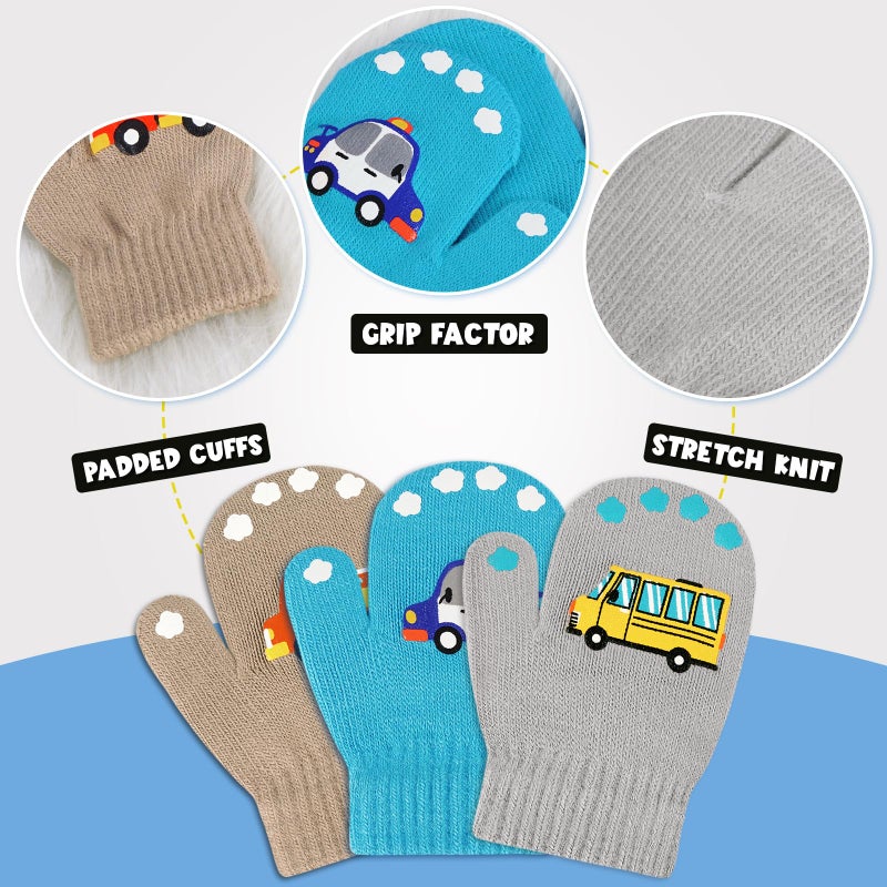 WAWSAM 3 Pairs Kids Knitted Mittens Toddler Winter Gloves Boys Full Finger Warm Mittens (3 Pairs-Car) - Image 3