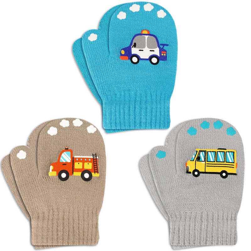 WAWSAM 3 Pairs Kids Knitted Mittens Toddler Winter Gloves Boys Full Finger Warm Mittens (3 Pairs-Car) - Image 1