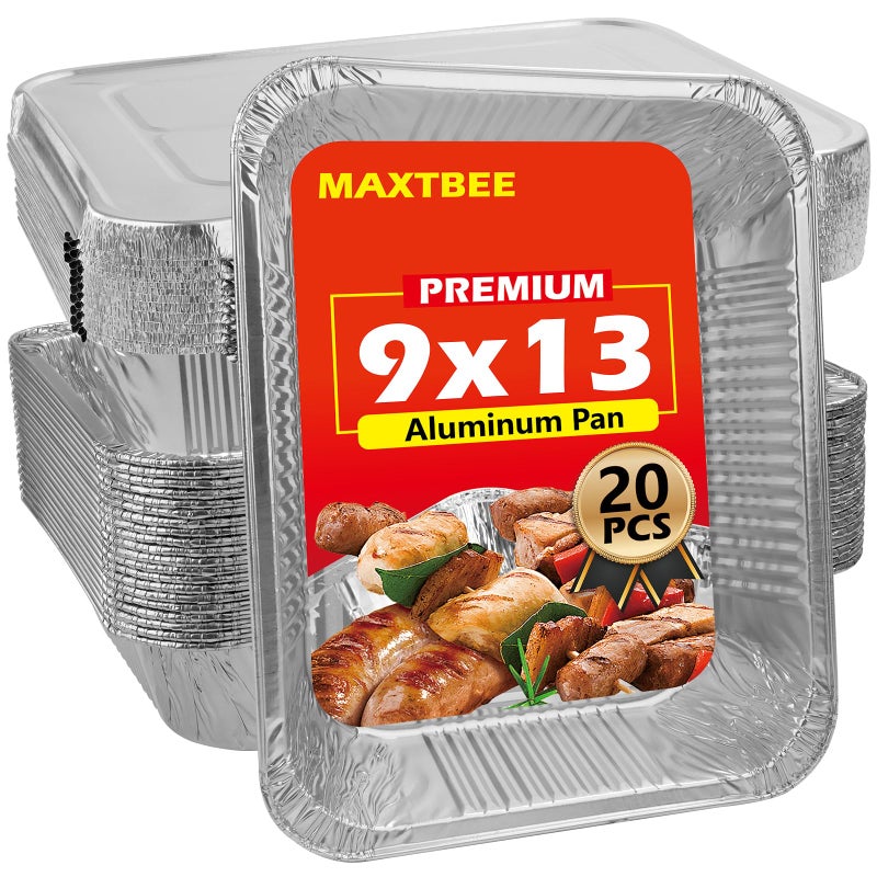 MAXTBEE 9x13 Aluminum Foil Pans with Lid, 20 Pack Disposable Trays Half Size Heavy Duty Tin Pans Deep Food Containers For Cooking, Meal Prep, Baking, Roasting, Chafing, Heating or Steam Table - Image 1