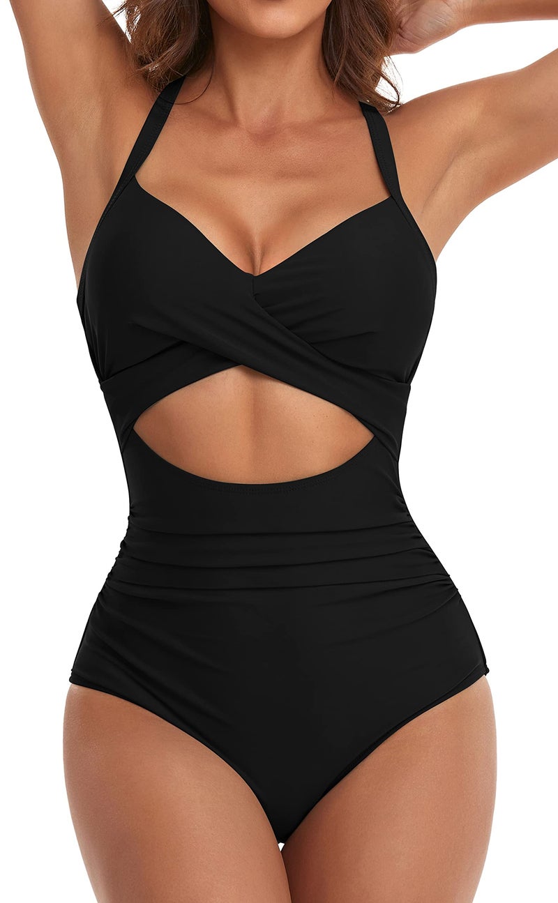 Eomenie Women's One Piece Swimsuits Tummy Control Cutout High Waisted Bathing Suit Wrap Tie Back 1 Piece Swimsuit Black - Image 1