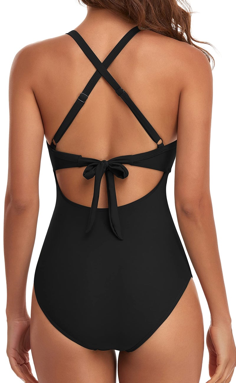 Eomenie Women's One Piece Swimsuits Tummy Control Cutout High Waisted Bathing Suit Wrap Tie Back 1 Piece Swimsuit Black - Image 3