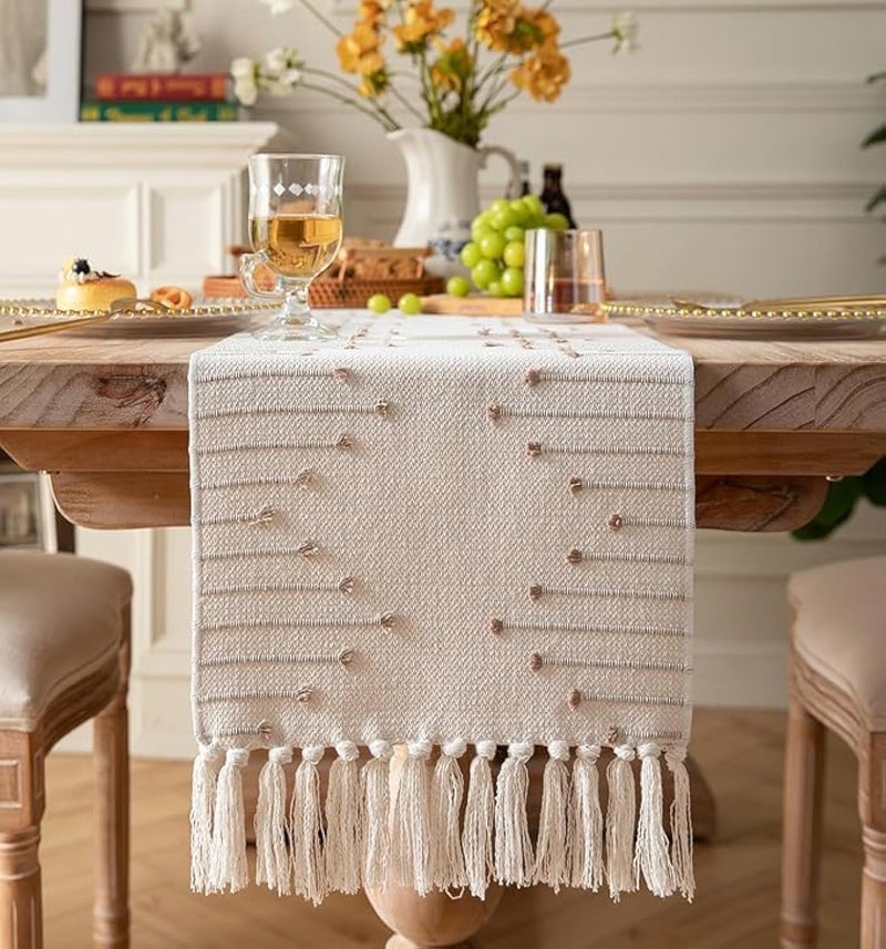 STONEMUNK Cotton Table Runner 13'' x 72'' Eco-Friendly Hand-Made Cotton Runner for Parties, Dining Table, Wedding, Boho Runner - (Beige - Cut (Raj)) - Image 1