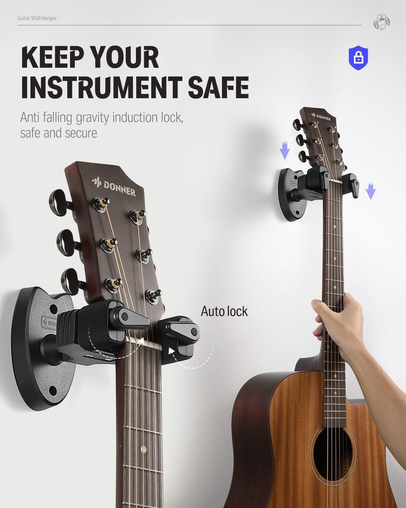 Donner Wall Mount Guitar Black Guitar Wall Mount Automatic Lock Guitar Holder Wall Guitar Hanger for Guitar Bass Banjo Mandolin Pack of 2 - Image 3