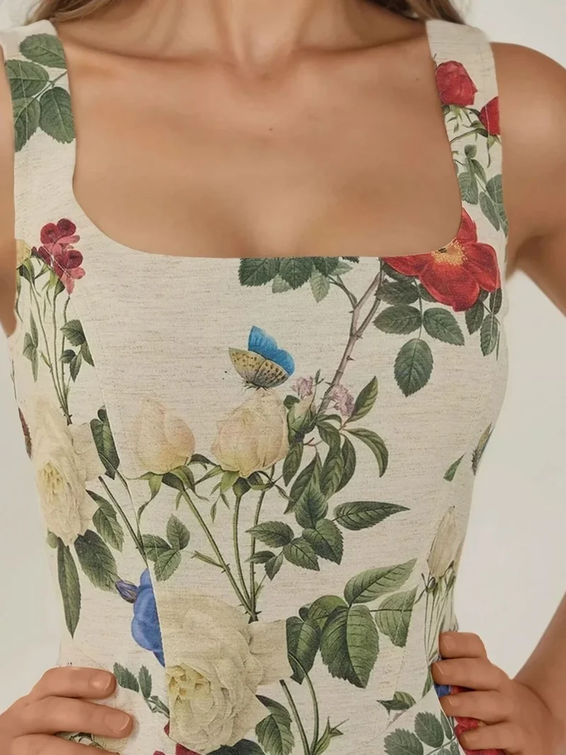 Hiccup Multicolor Square Neck Flower Pattern Linen Feel Mini Dress for Women | Best Price UAE
