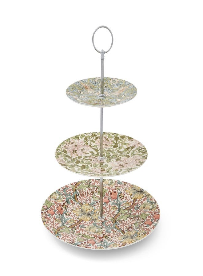 Spode Morris & Co 3-Tier Cake Stand with Metal Handle, Strawberry Thief & Honeysuckle Design | Porcelain | Centerpiece - Afternoon Tea Dessert Stand | Serving Cookies, Scones, Sandwiches, and More - Image 1