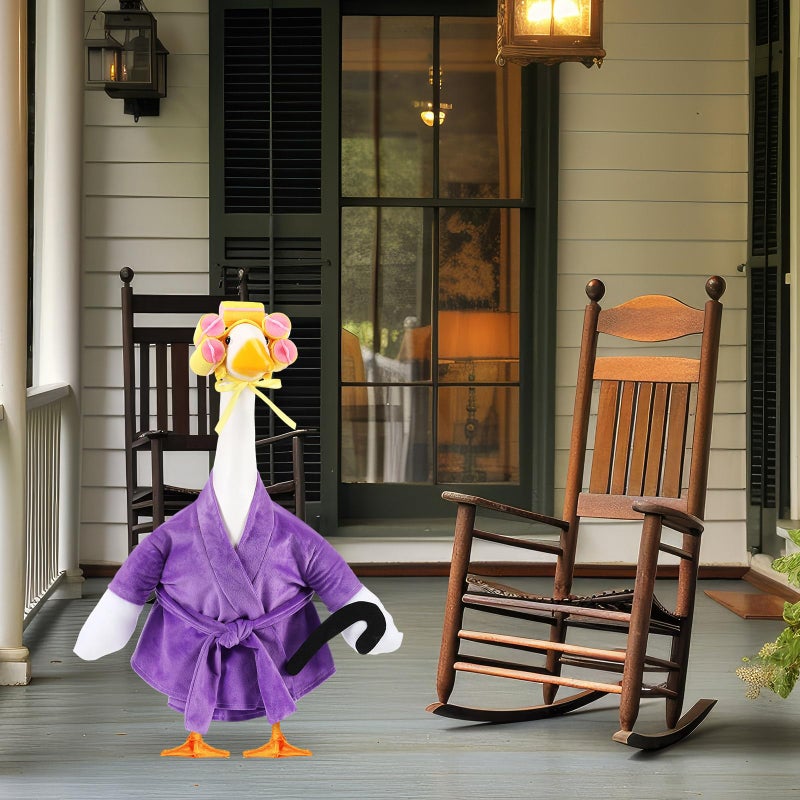Shyyween Old Lady Porch Goose Outfit 23 Inch Cement Plastic Lawn Goose Statue Clothes Winter Pjs Purple Bathrobe and Curlers Coffee Cup Crutch Set - Image 5