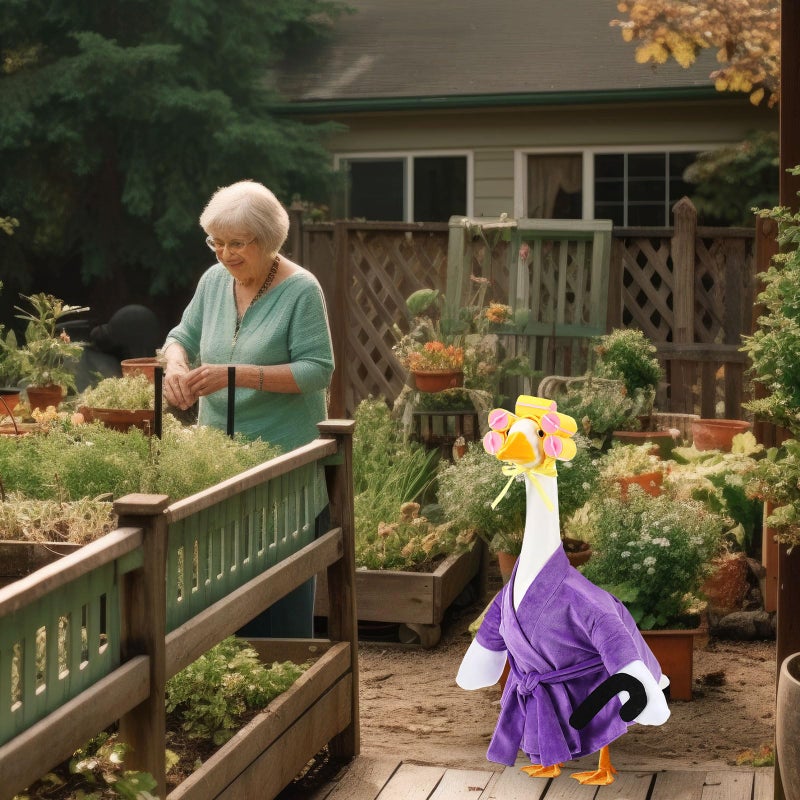Shyyween Old Lady Porch Goose Outfit 23 Inch Cement Plastic Lawn Goose Statue Clothes Winter Pjs Purple Bathrobe and Curlers Coffee Cup Crutch Set - Image 4