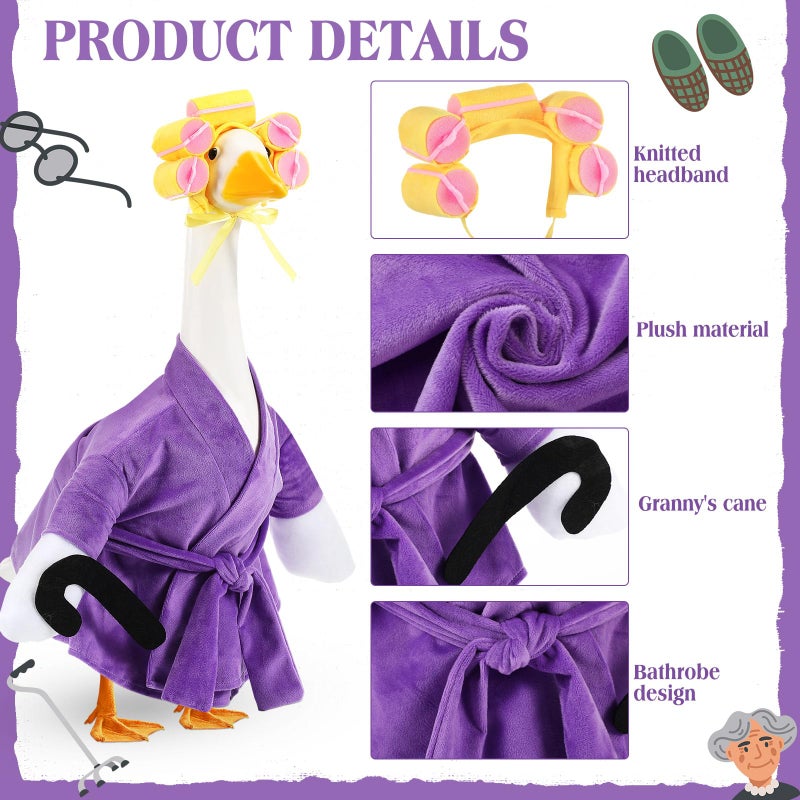 Shyyween Old Lady Porch Goose Outfit 23 Inch Cement Plastic Lawn Goose Statue Clothes Winter Pjs Purple Bathrobe and Curlers Coffee Cup Crutch Set - Image 3