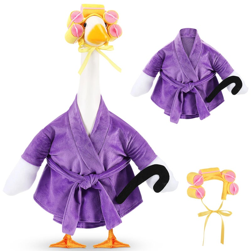Shyyween Old Lady Porch Goose Outfit 23 Inch Cement Plastic Lawn Goose Statue Clothes Winter Pjs Purple Bathrobe and Curlers Coffee Cup Crutch Set - Image 1