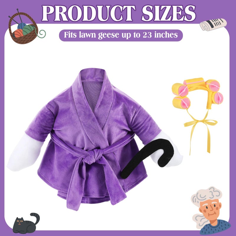 Shyyween Old Lady Porch Goose Outfit 23 Inch Cement Plastic Lawn Goose Statue Clothes Winter Pjs Purple Bathrobe and Curlers Coffee Cup Crutch Set - Image 2