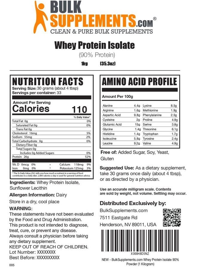 BULKSUPPLEMENTS.COM - .com Whey Protein Isolate Powder - Whey Protein Powder, Unsweeteneed, Unflavored & Gluten Free - 30g per Serving, 1kg (2.2 lbs) (Pack of 1) - Image 1