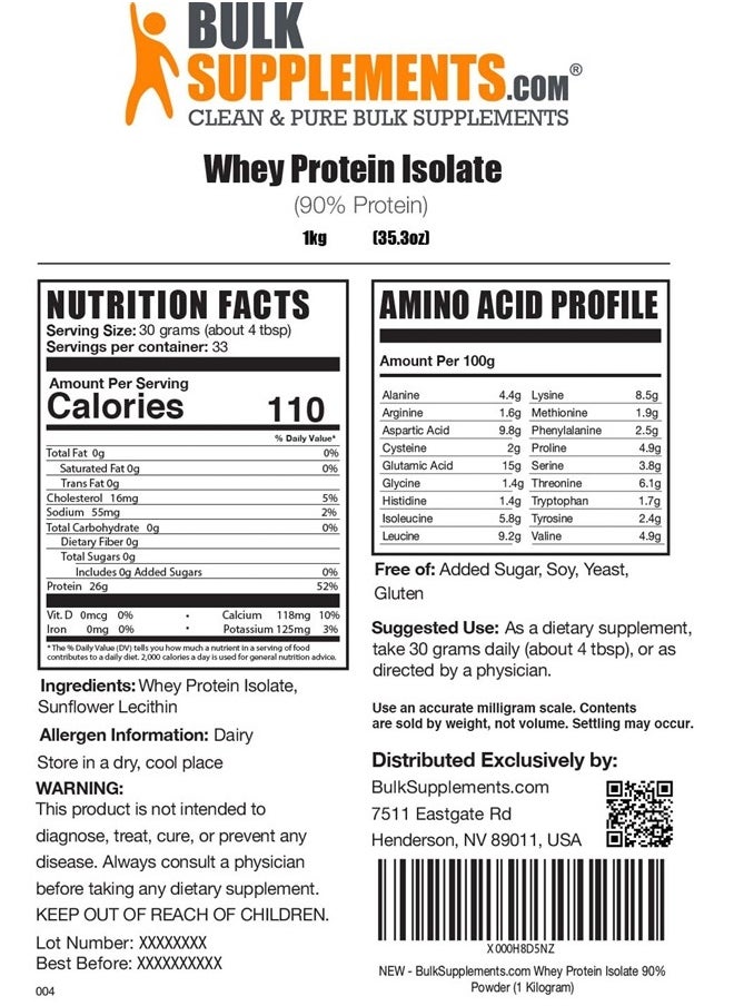 BULKSUPPLEMENTS.COM - .com Whey Protein Isolate Powder - Whey Protein Powder, Unsweeteneed, Unflavored & Gluten Free - 30g per Serving, 1kg (2.2 lbs) (Pack of 1) - Image 1
