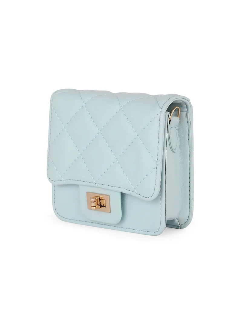 globus Globus Women Blue Puffed Quilted Twistlock Small Square Party Sling Bag With Detachable Chain Strap