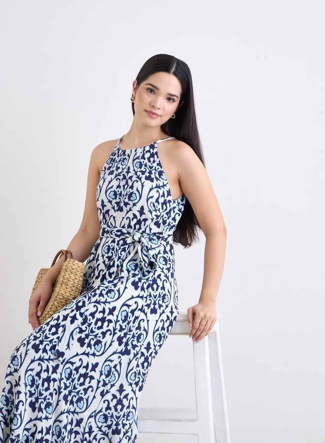 Styli All-Over Print Halter Neck A-Line Maxi Dress - Image 1