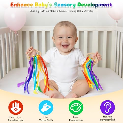 FPVERA Baby Sensory Wooden Rattle Toys 2PCS Rainbow Ribbon Rattles Ring Toy for Babies 06 Months Wood Baby Montessori Toys with Bells for 012 Months Newborns Infants Toddlers Boy Girl as Shower Gifts - Image 5