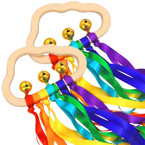 FPVERA Baby Sensory Wooden Rattle Toys 2PCS Rainbow Ribbon Rattles Ring Toy for Babies 06 Months Wood Baby Montessori Toys with Bells for 012 Months Newborns Infants Toddlers Boy Girl as Shower Gifts - Image 1