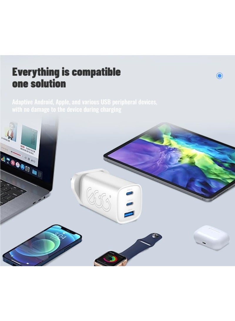 إج راس شاحن جداري 65 واط بتقنية جان ثلاثة منافذ، اشحن حياتك بسرعة  شاحن 65 واط مزود بمنفذين USB-C ومنفذ USB-A واحد، يلبي تمامًا احتياجات الشحن السريع والشحن المتزامن لعدة أجهزة. - Image 4