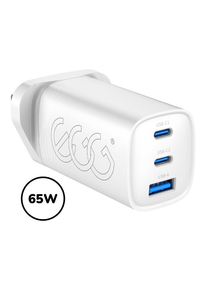 إج راس شاحن جداري 65 واط بتقنية جان ثلاثة منافذ، اشحن حياتك بسرعة  شاحن 65 واط مزود بمنفذين USB-C ومنفذ USB-A واحد، يلبي تمامًا احتياجات الشحن السريع والشحن المتزامن لعدة أجهزة. - Image 1