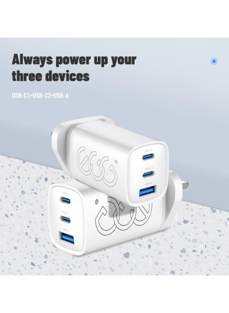 إج راس شاحن جداري 65 واط بتقنية جان ثلاثة منافذ، اشحن حياتك بسرعة  شاحن 65 واط مزود بمنفذين USB-C ومنفذ USB-A واحد، يلبي تمامًا احتياجات الشحن السريع والشحن المتزامن لعدة أجهزة. - Image 5