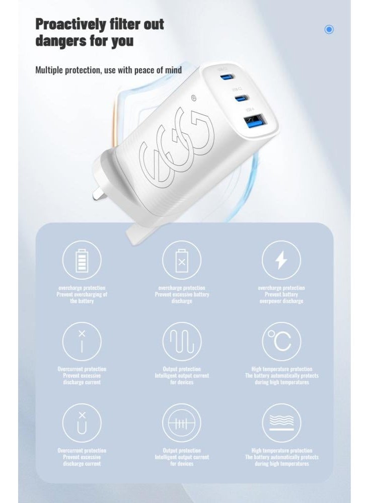 إج راس شاحن جداري 65 واط بتقنية جان ثلاثة منافذ، اشحن حياتك بسرعة  شاحن 65 واط مزود بمنفذين USB-C ومنفذ USB-A واحد، يلبي تمامًا احتياجات الشحن السريع والشحن المتزامن لعدة أجهزة. - Image 3