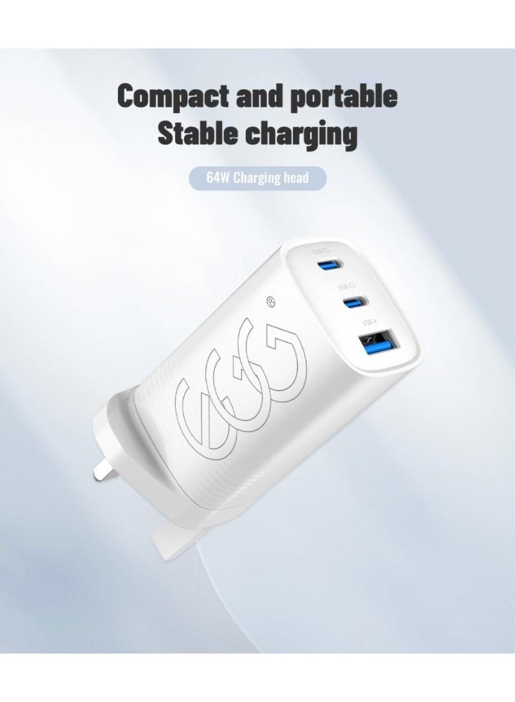 إج راس شاحن جداري 65 واط بتقنية جان ثلاثة منافذ، اشحن حياتك بسرعة  شاحن 65 واط مزود بمنفذين USB-C ومنفذ USB-A واحد، يلبي تمامًا احتياجات الشحن السريع والشحن المتزامن لعدة أجهزة. - Image 2