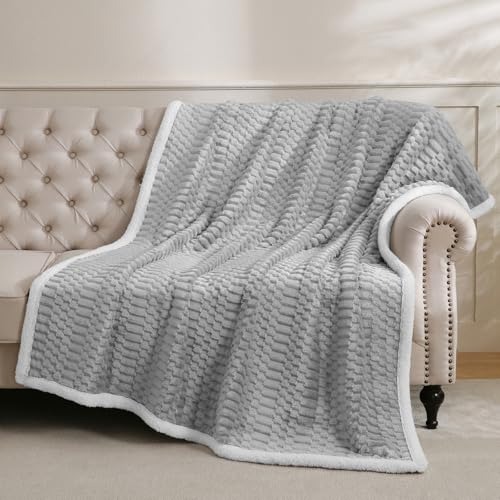 Gracelife Sherpa Throw Blanket for Couch Flannel Cozy Soft Thick Blanket Warm Twin Blanket for Bed Fleece Home Decor Gifts, Z01 - Light Grey, 60"*80" - Image 2