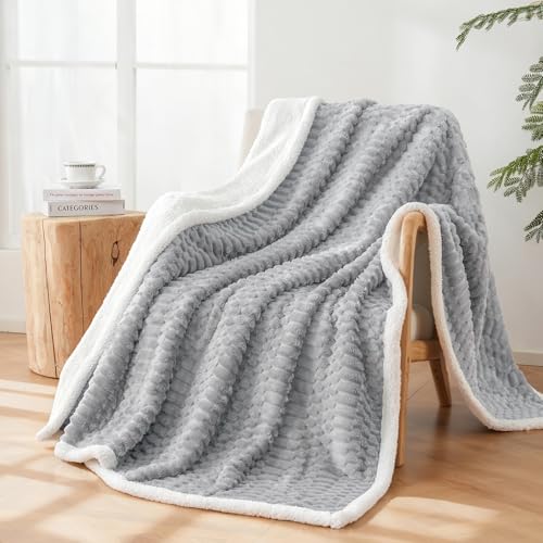 Gracelife Sherpa Throw Blanket for Couch Flannel Cozy Soft Thick Blanket Warm Twin Blanket for Bed Fleece Home Decor Gifts, Z01 - Light Grey, 60"*80" - Image 5
