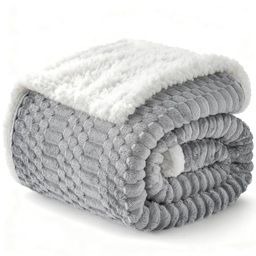 Gracelife Sherpa Throw Blanket for Couch Flannel Cozy Soft Thick Blanket Warm Twin Blanket for Bed Fleece Home Decor Gifts, Z01 - Light Grey, 60"*80" - Image 1