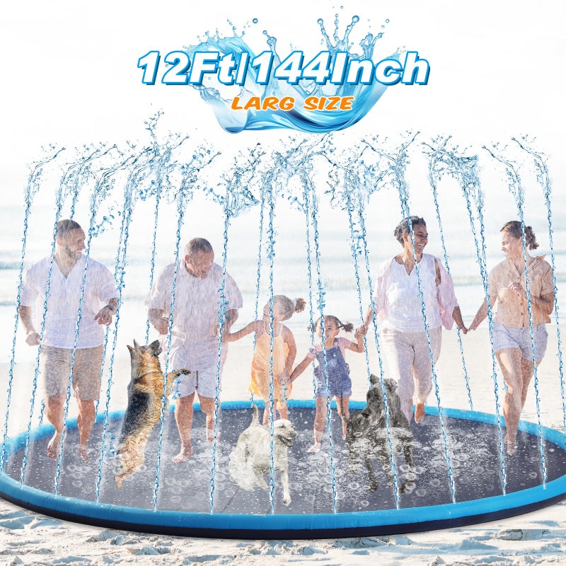 Lewtemi Lewtemi 12 ft Extra Large Non Slip Splash Pad 144"" for Adult Kids and Dog Giant Thicken Sprinkler Pool Summer Outdoor Toys Fun Backyard Fountain Play Mat for Family Pet Dog(Classic Style)  - Image 1