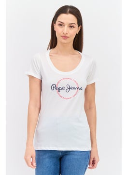 Women Round Neck Short Sleeves Brand Logo T-Shirt, Off White Combo
