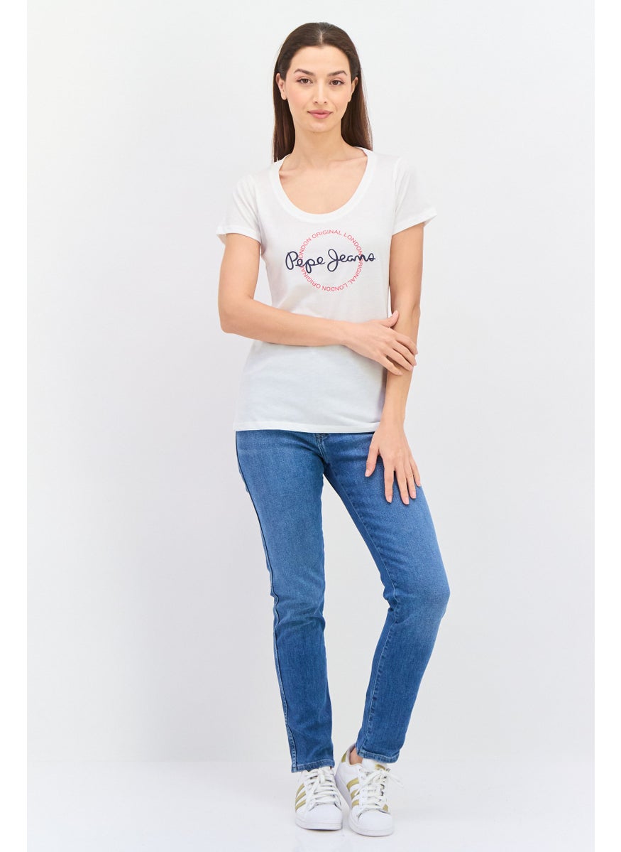Pepe Jeans - Women Round Neck Short Sleeves Brand Logo T-Shirt, Off White Combo - Image 1