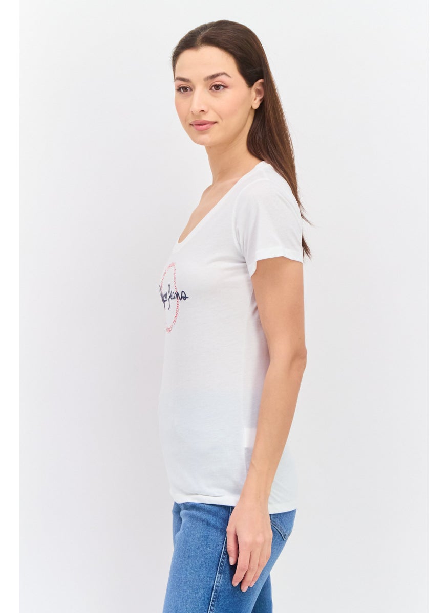 Pepe Jeans - Women Round Neck Short Sleeves Brand Logo T-Shirt, Off White Combo - Image 1