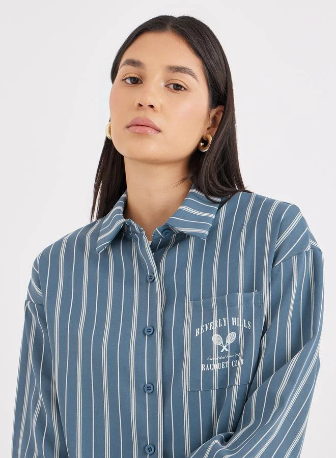Styli Styli Blue Printed Chest Pocket Striped Oversized Shirt