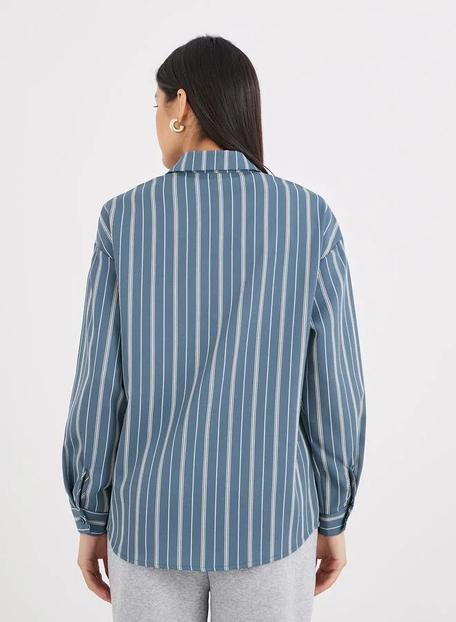 Styli Styli Blue Printed Chest Pocket Striped Oversized Shirt