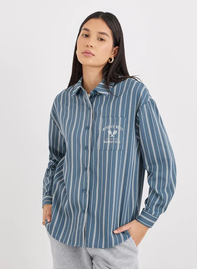 Styli Styli Blue Printed Chest Pocket Striped Oversized Shirt