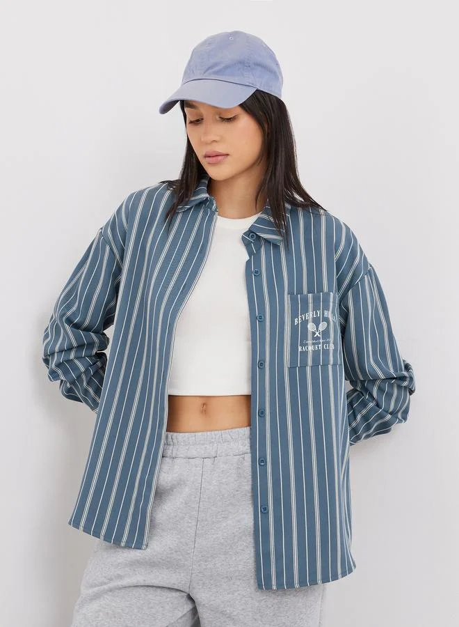 Styli Styli Blue Printed Chest Pocket Striped Oversized Shirt