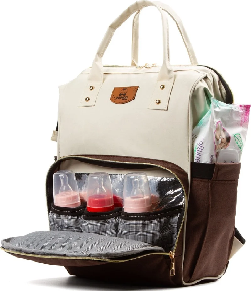 Papyon Baby Kids Mother Baby Care Backpack Feeding Bottle Thermos Compartment Metal Stroller with Hanger Apparatus Cream-Brown
