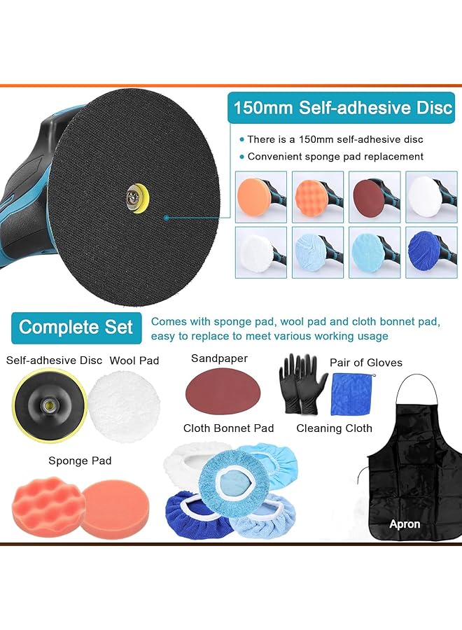 WEMART 21V Cordless Car Polisher 6 Inch Portable Buffer Polisher With 6 Variable Speed 2Pcs 2.0Ah Battery Home Diy Waxing Polishing Sponge Pads Kit For Car Polishing Waxing Sealing Glaze - Image 4