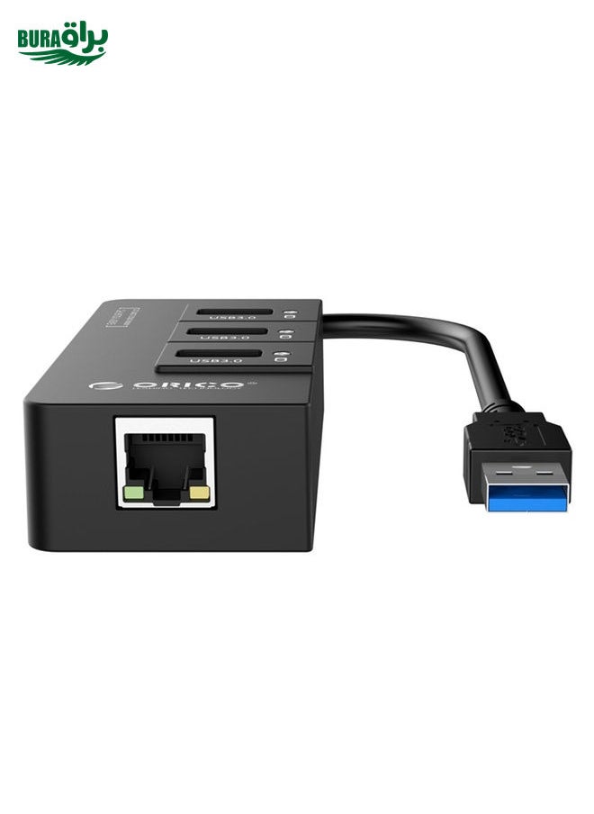 BURAQ - ORICO HR01-U3 ABS 3 Ports USB3.0 HUB Splitter with External RJ45 Gigabit Ethernet Network Card 5 Gbps for Laptops / Desktop / Ultrabook etc.(Black) - Image 1