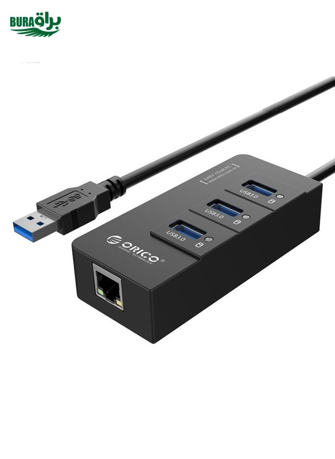 BURAQ - ORICO HR01-U3 ABS 3 Ports USB3.0 HUB Splitter with External RJ45 Gigabit Ethernet Network Card 5 Gbps for Laptops / Desktop / Ultrabook etc.(Black) - Image 1