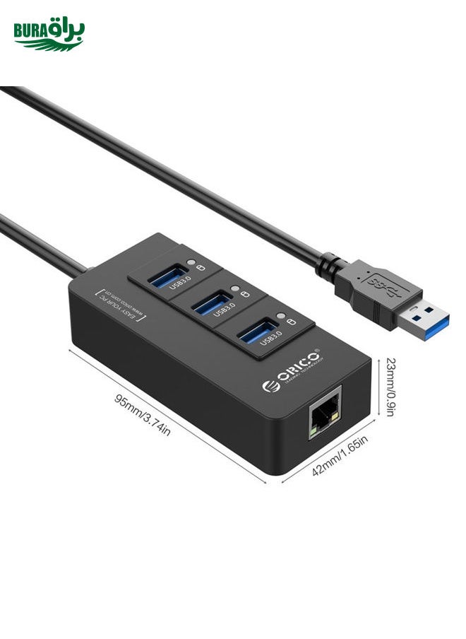 BURAQ - ORICO HR01-U3 ABS 3 Ports USB3.0 HUB Splitter with External RJ45 Gigabit Ethernet Network Card 5 Gbps for Laptops / Desktop / Ultrabook etc.(Black) - Image 1