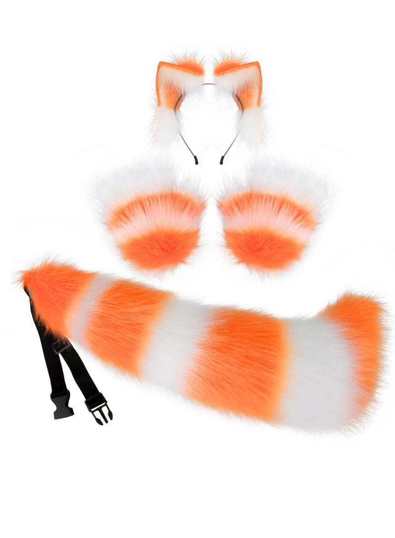 كابتن تيك Faux Fur Cat Ears and Wolf Fox Tail Set for Cosplay, Anime Costume Accessories, Party Outfit in Orange - Image 1